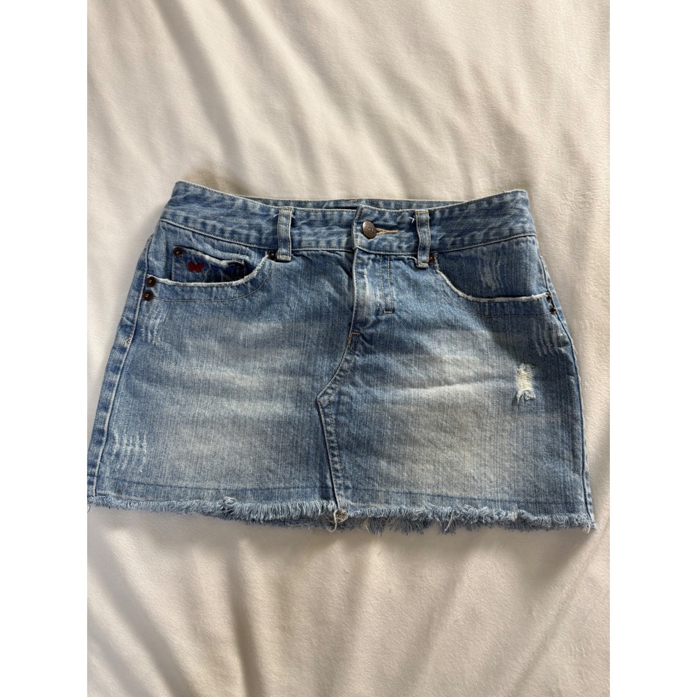 Aeropostale Light Wash Distressed Denim Mini Skirt Size 0 Butterfly Y2K Frayed